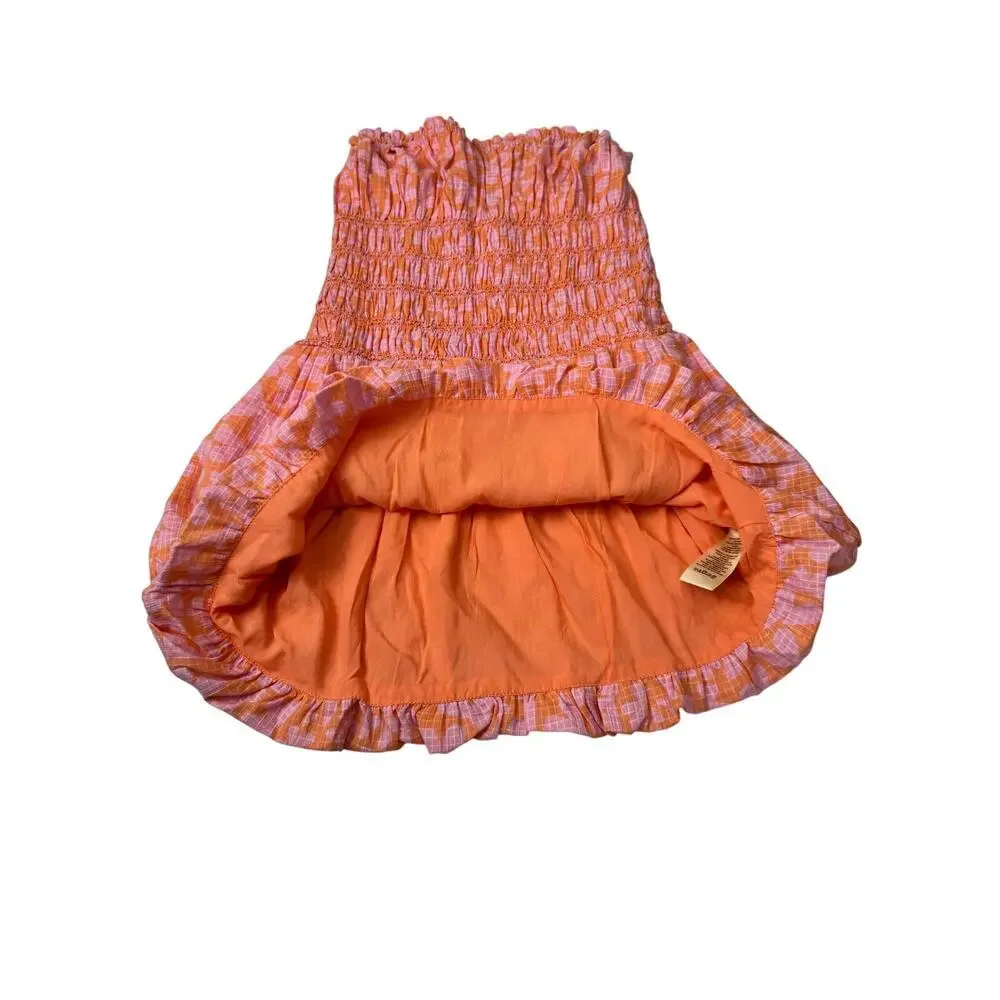 Free People Annalise Mini Dress Bubble Hem Smocked Strapless Peach Pink Coastal